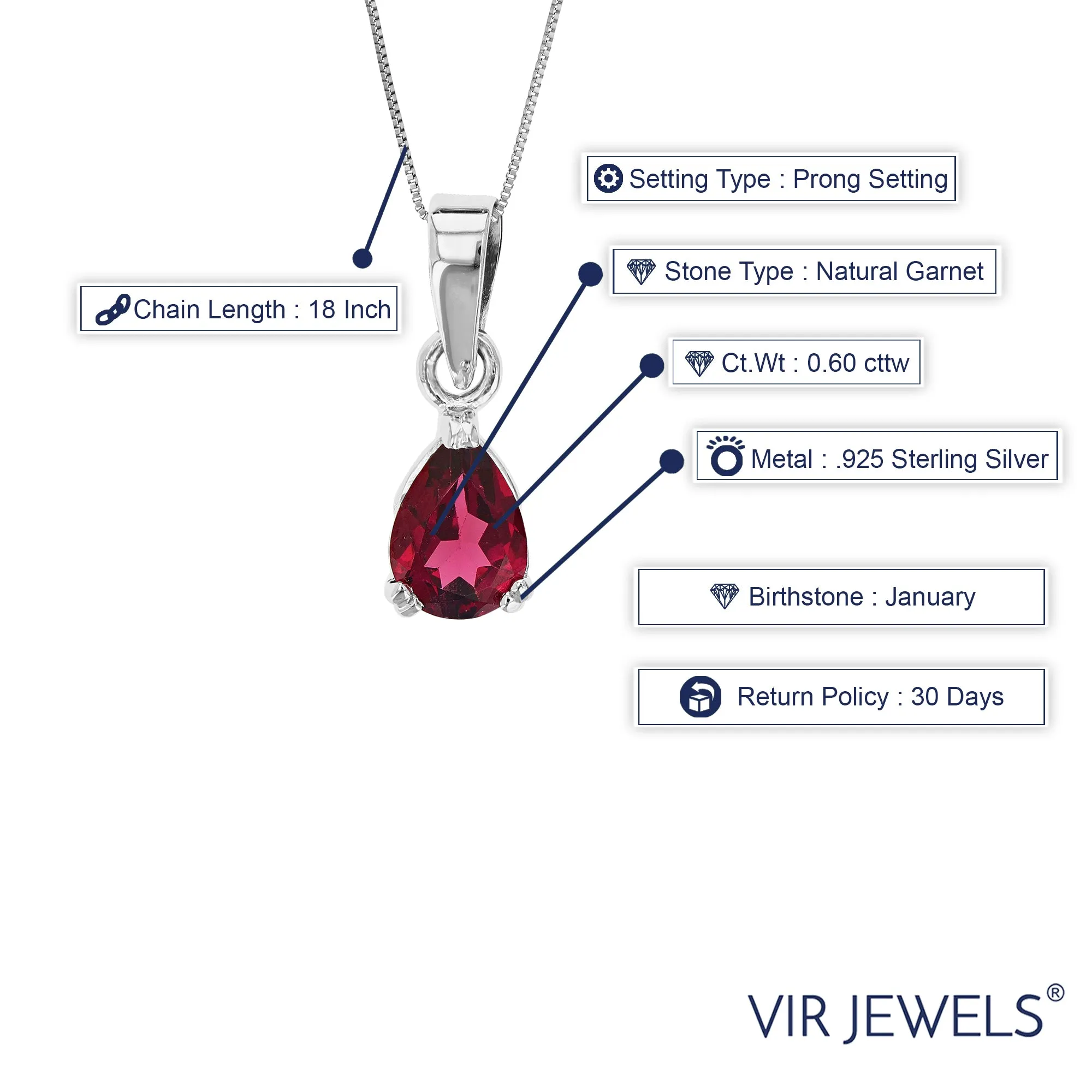 0.60 cttw Pendant Necklace, Garnet Pear Shape Pendant Necklace for Women in .925 Sterling Silver with Rhodium, 18 Inch Chain, Prong Setting