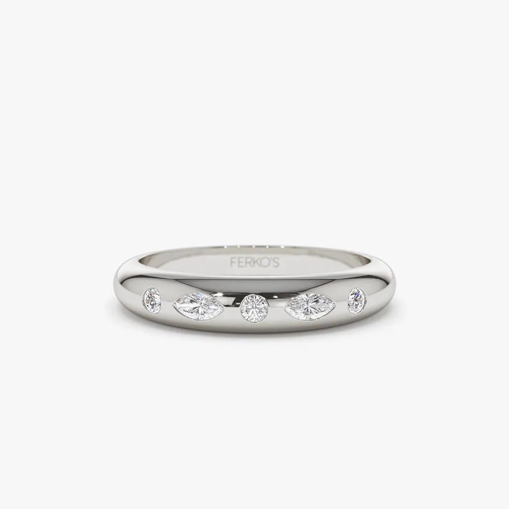 14k Dome Marquise and Round Diamonds Flush Setting Ring
