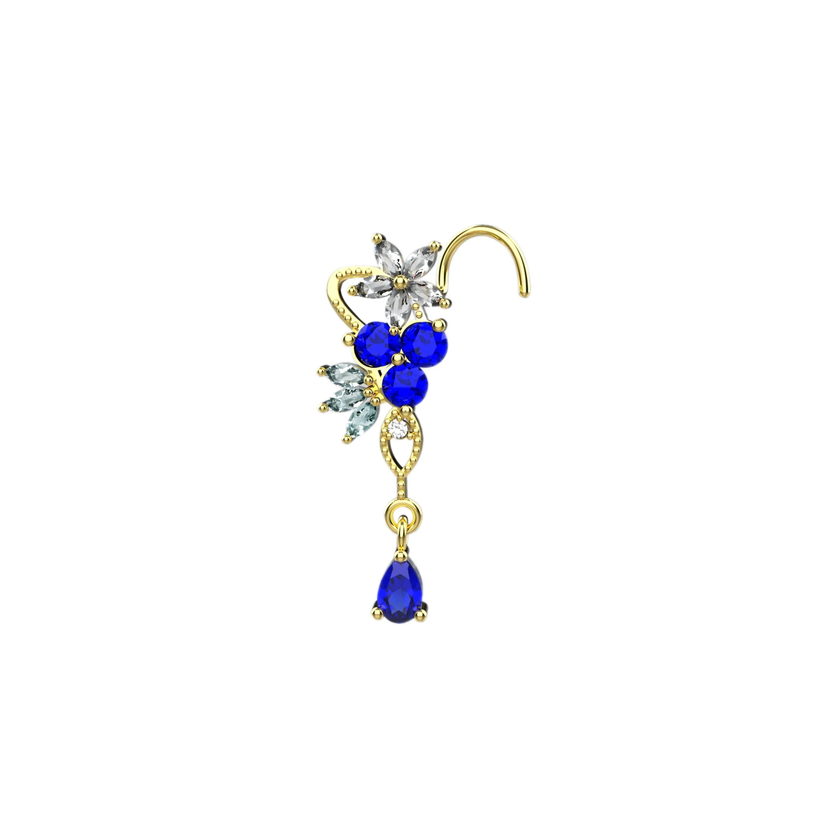 14k Gold Dangle Nose Ring – Sapphire Nose Stud Jewelry