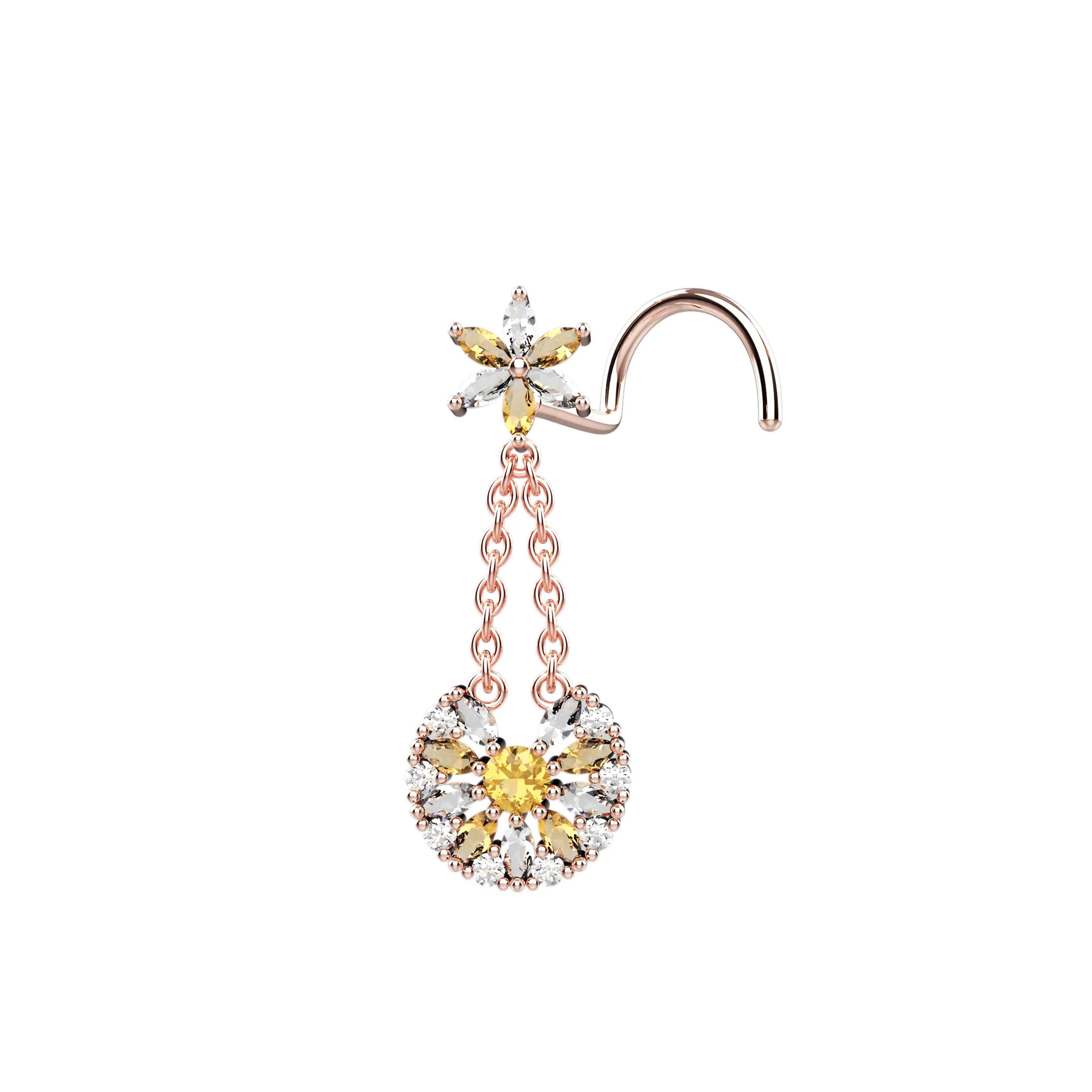 14K Gold Dangling Chain Nose Stud – Elegant Piercing Jewelry