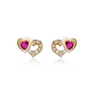 14k Gold Small Double Heart With Ruby CZ Stud Earrings