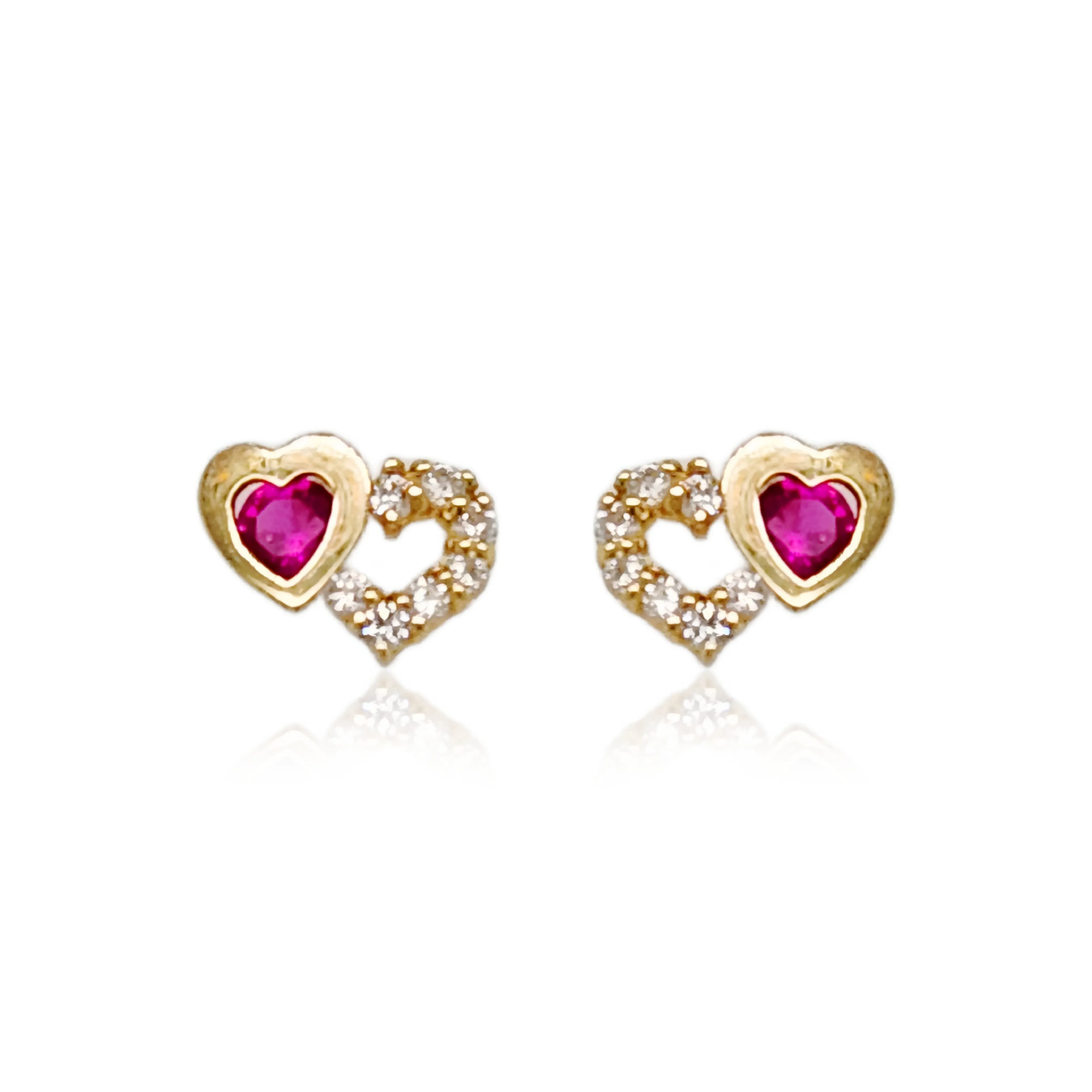 14k Gold Small Double Heart With Ruby CZ Stud Earrings