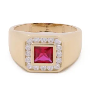 14K Yellow Gold Men's Ruby Ring with Cubic Zirconias