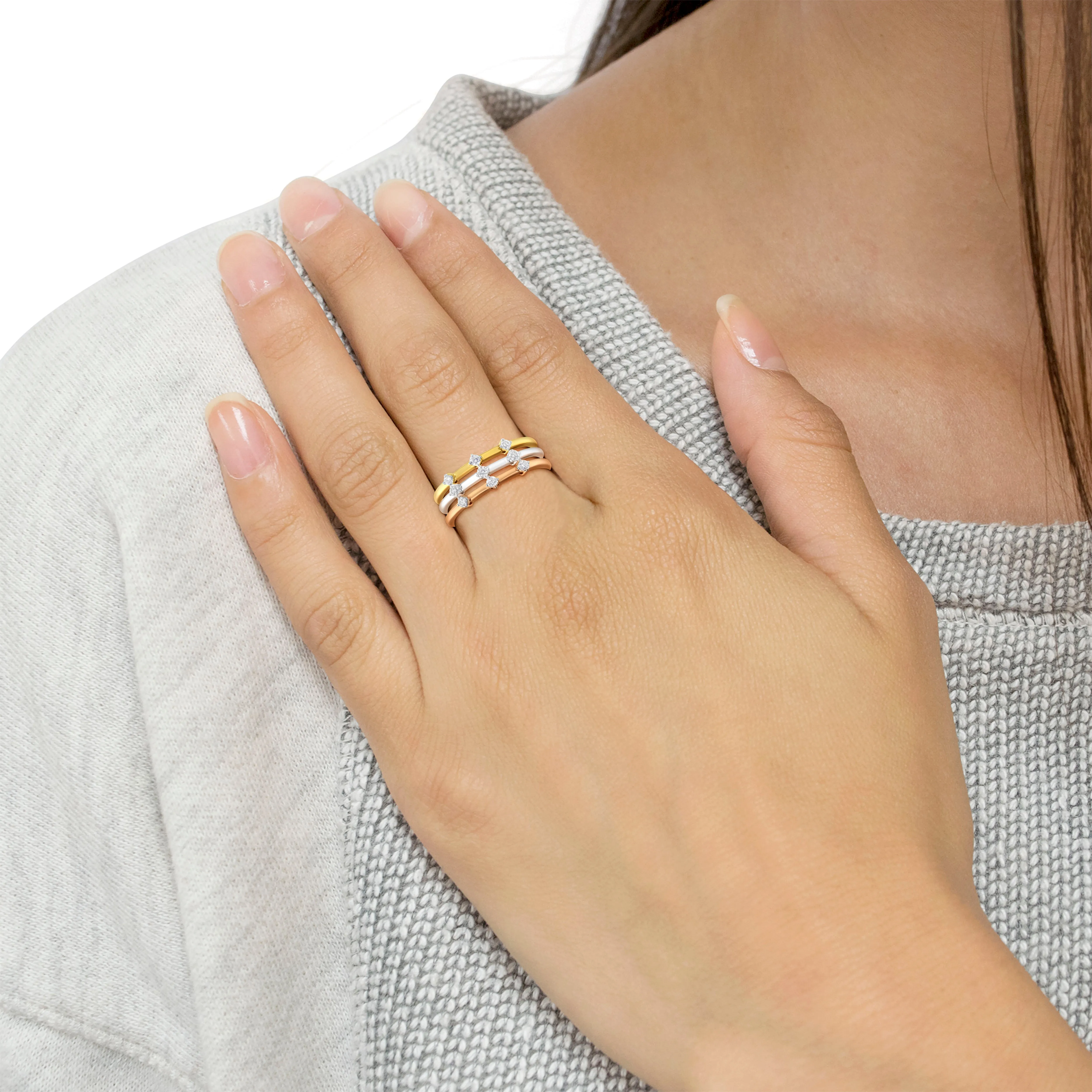14kt Gold Plated Tri Tone .925 Sterling Silver 1/3 Cttw Prong-Set Round-Cut Diamond Three Piece Stackable Band Ring Set