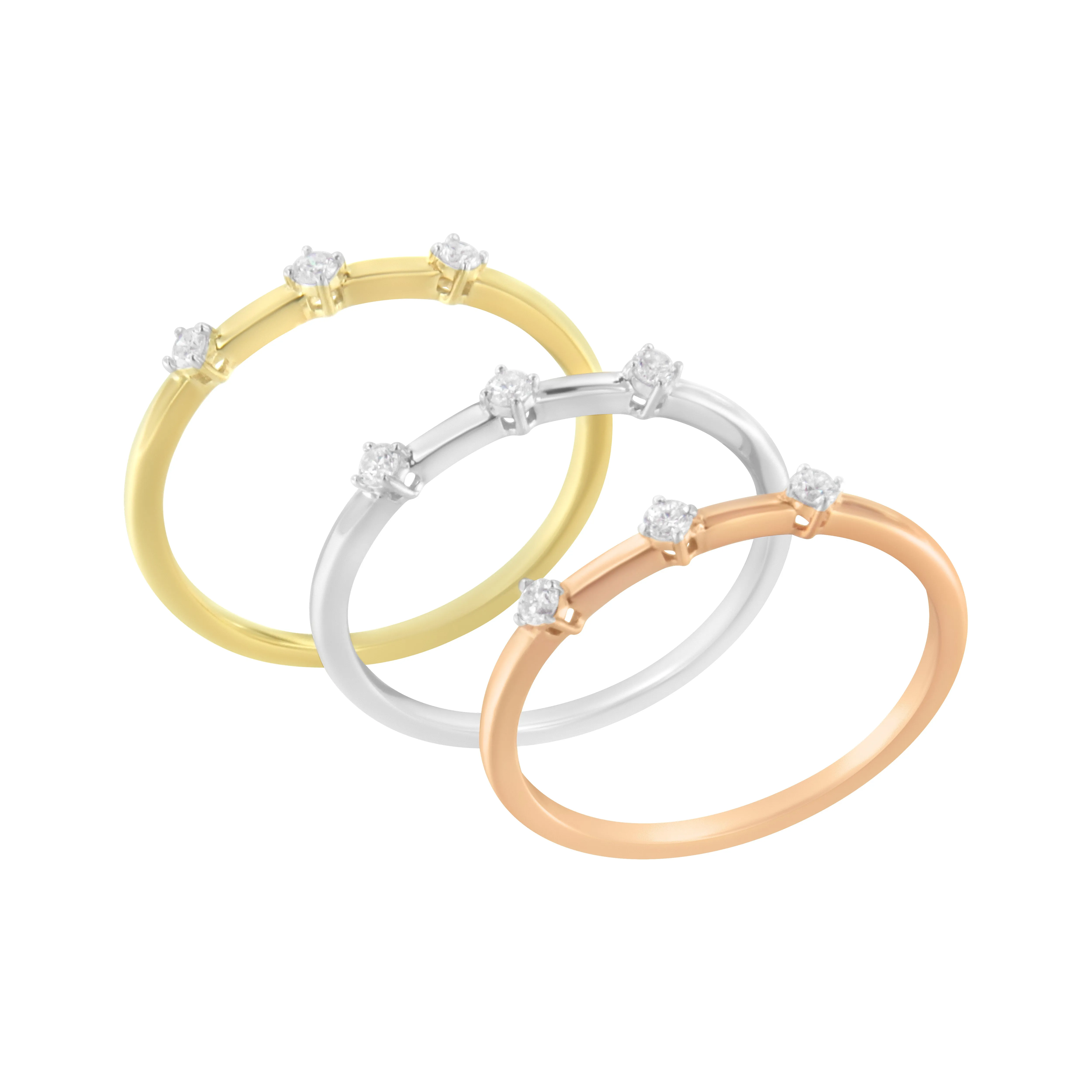 14kt Gold Plated Tri Tone .925 Sterling Silver 1/3 Cttw Prong-Set Round-Cut Diamond Three Piece Stackable Band Ring Set