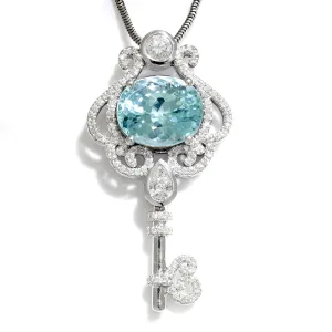 Aquamarine Key Pendant Necklace with Diamonds 14K White Gold
