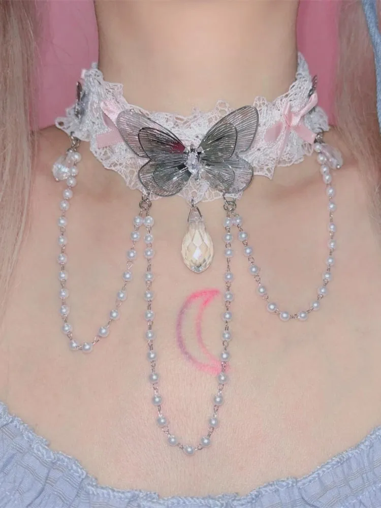 Beaded Chain Lace Ruffle Trim Bowknot Details Choker
