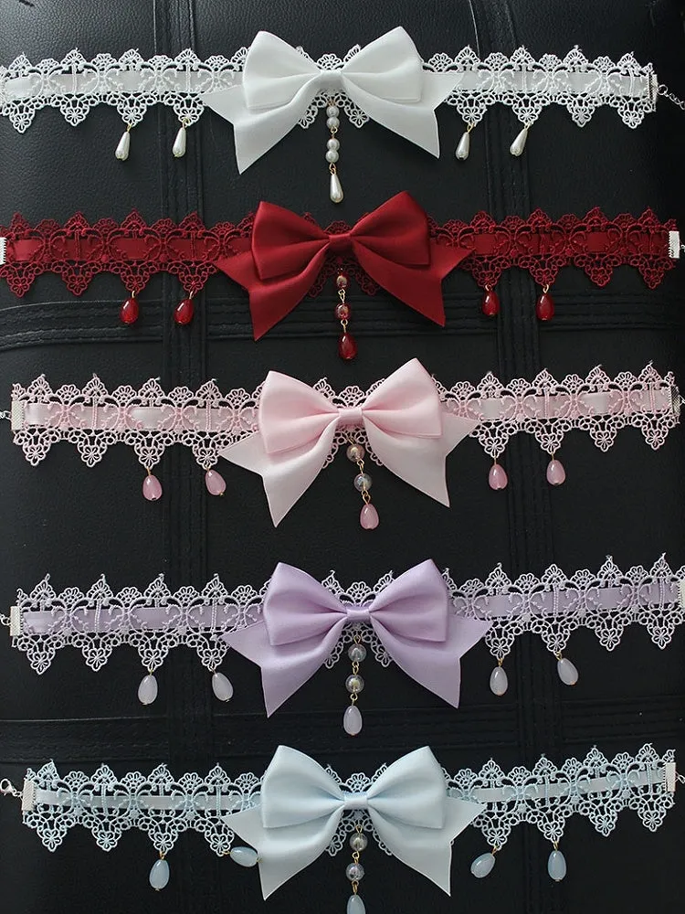 Beaded Pendant Bowknot Details Lace Choker