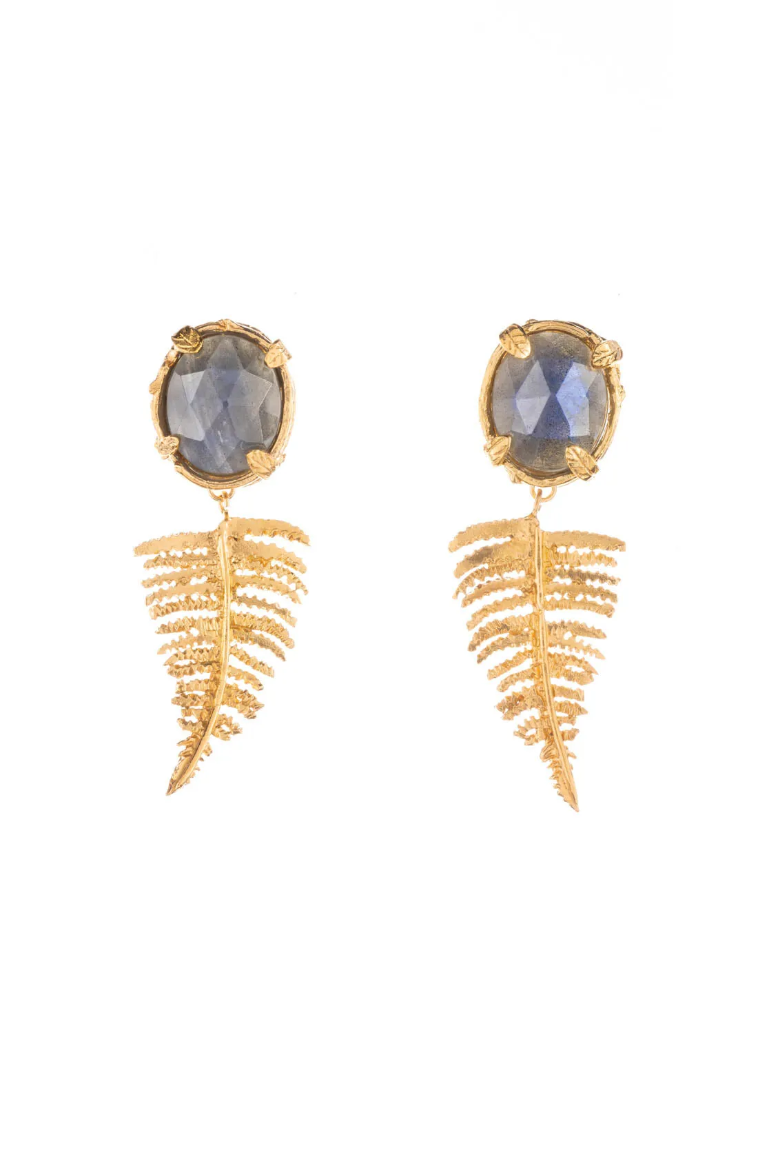 Botanical Nest Earrings With Fern Drop And Labradorite, Ruby Or Kyanite Gemstone