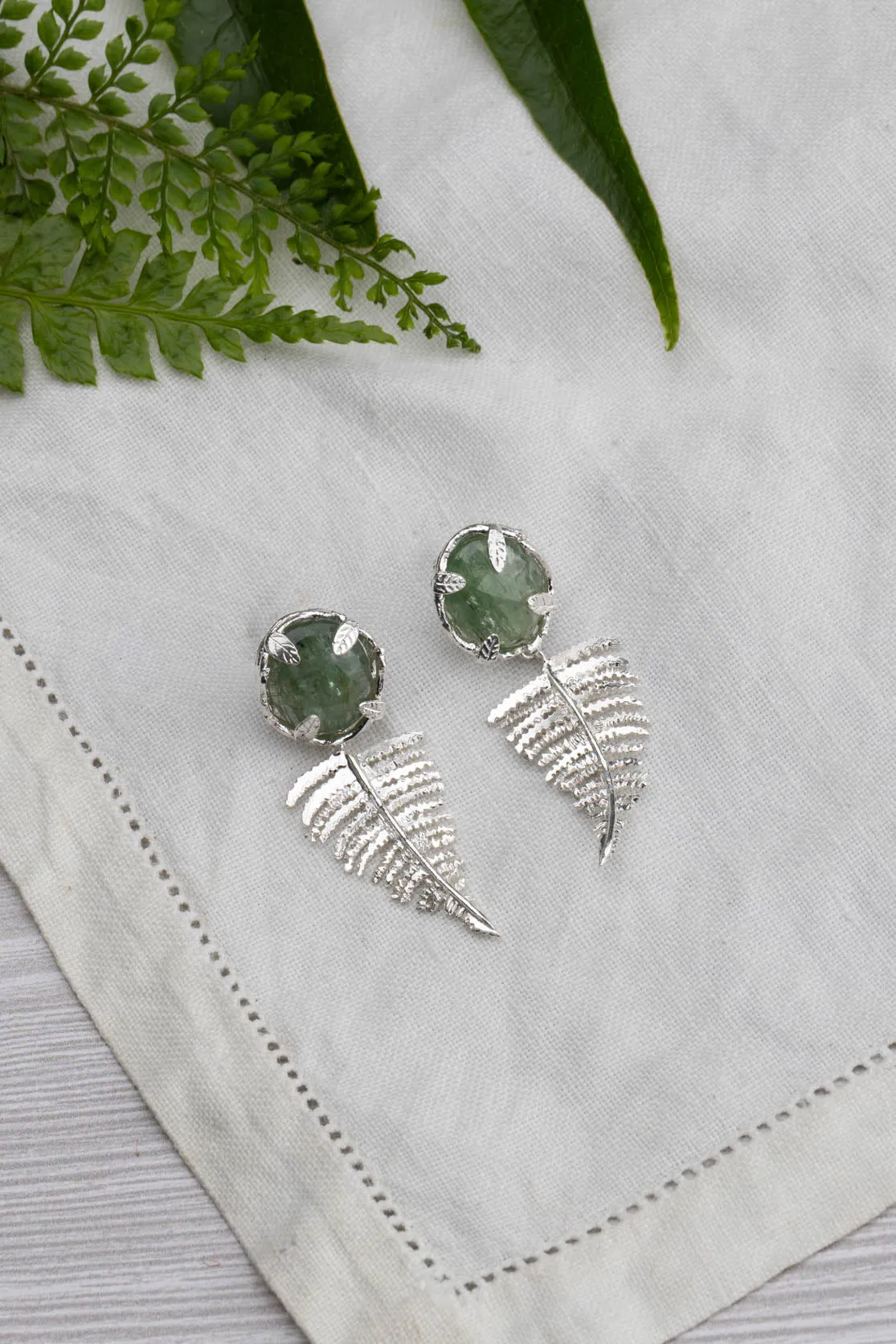 Botanical Nest Earrings With Fern Drop And Labradorite, Ruby Or Kyanite Gemstone