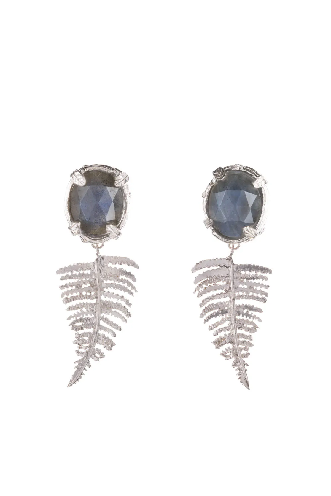 Botanical Nest Earrings With Fern Drop And Labradorite, Ruby Or Kyanite Gemstone