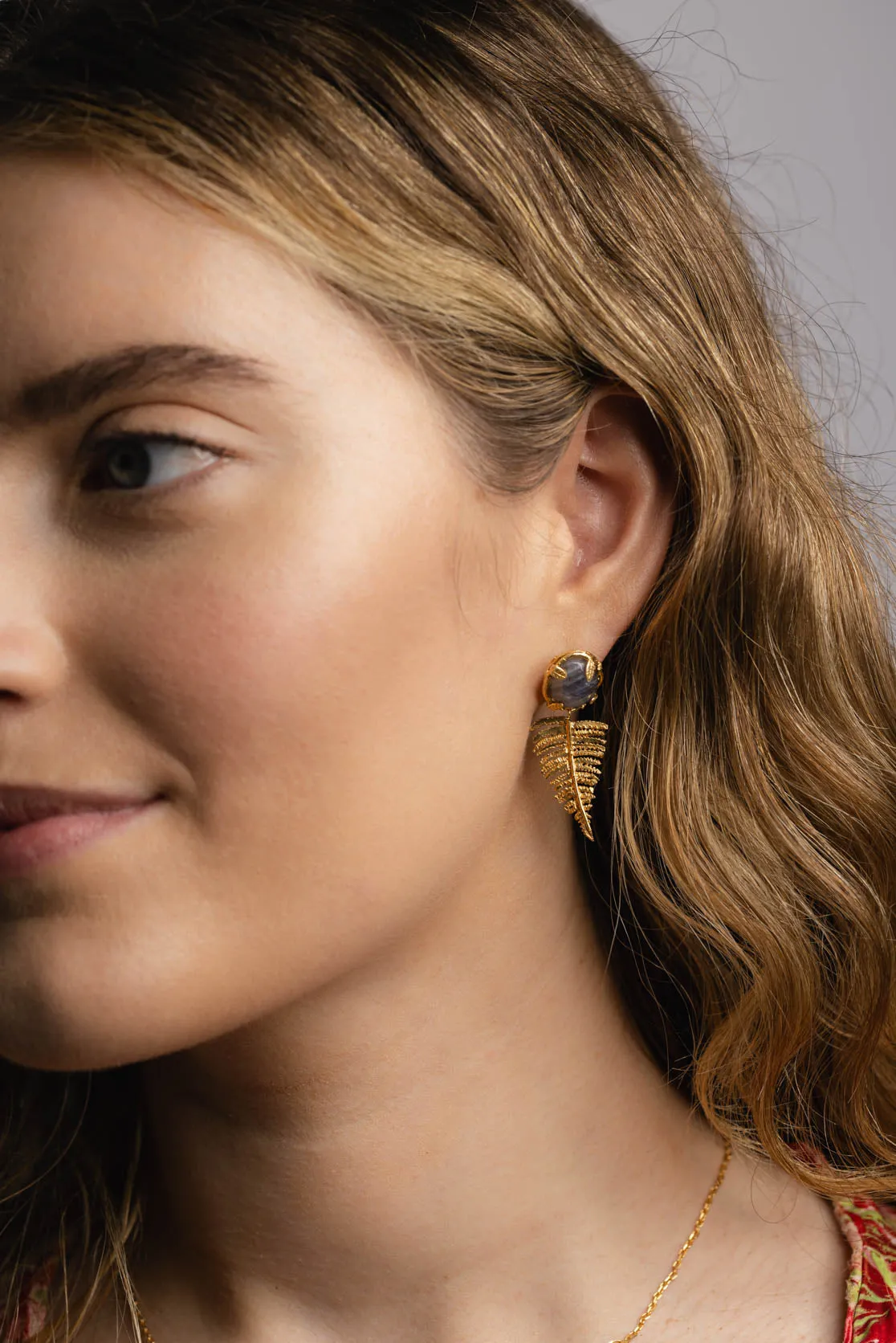 Botanical Nest Earrings With Fern Drop And Labradorite, Ruby Or Kyanite Gemstone