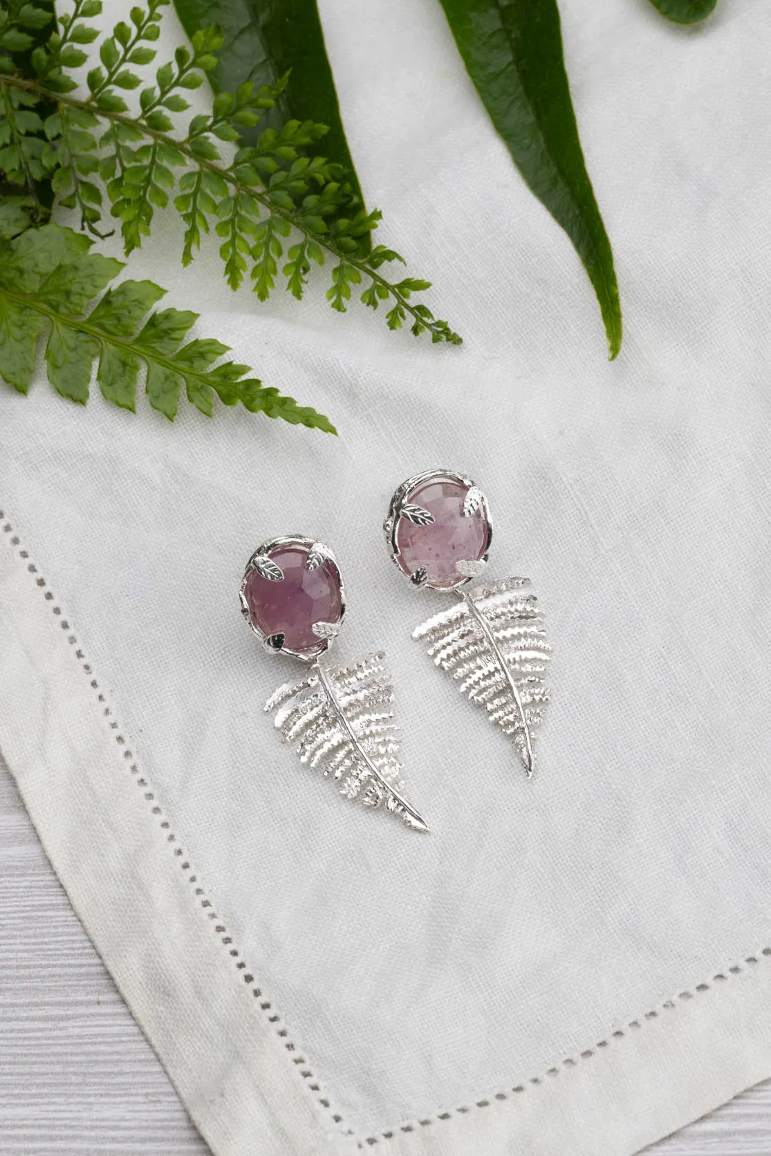 Botanical Nest Earrings With Fern Drop And Labradorite, Ruby Or Kyanite Gemstone