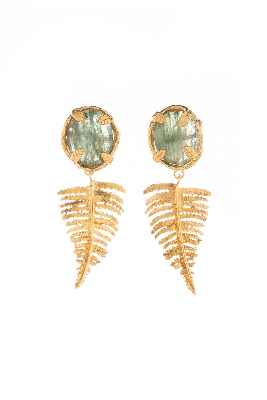 Botanical Nest Earrings With Fern Drop And Labradorite, Ruby Or Kyanite Gemstone