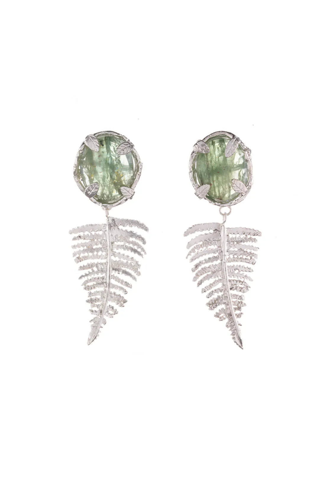 Botanical Nest Earrings With Fern Drop And Labradorite, Ruby Or Kyanite Gemstone