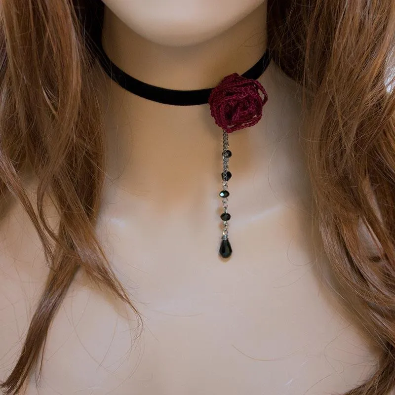 Dainty Red Rose Black Velvet Victorian Choker