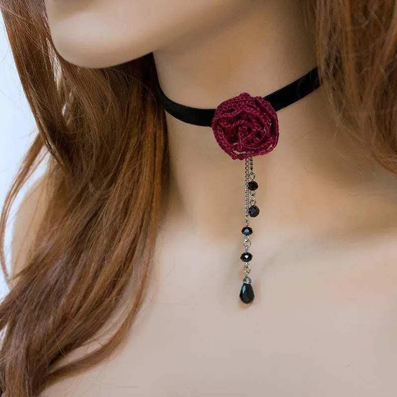 Dainty Red Rose Black Velvet Victorian Choker