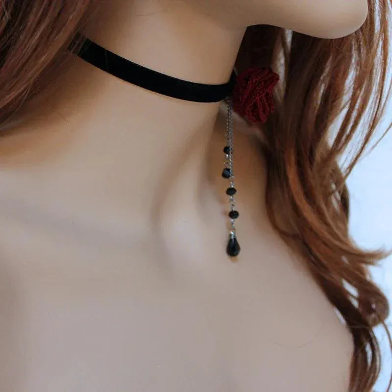 Dainty Red Rose Black Velvet Victorian Choker