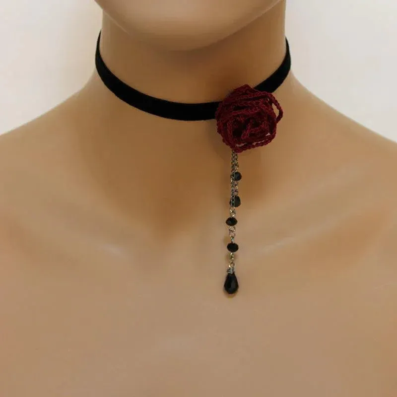 Dainty Red Rose Black Velvet Victorian Choker