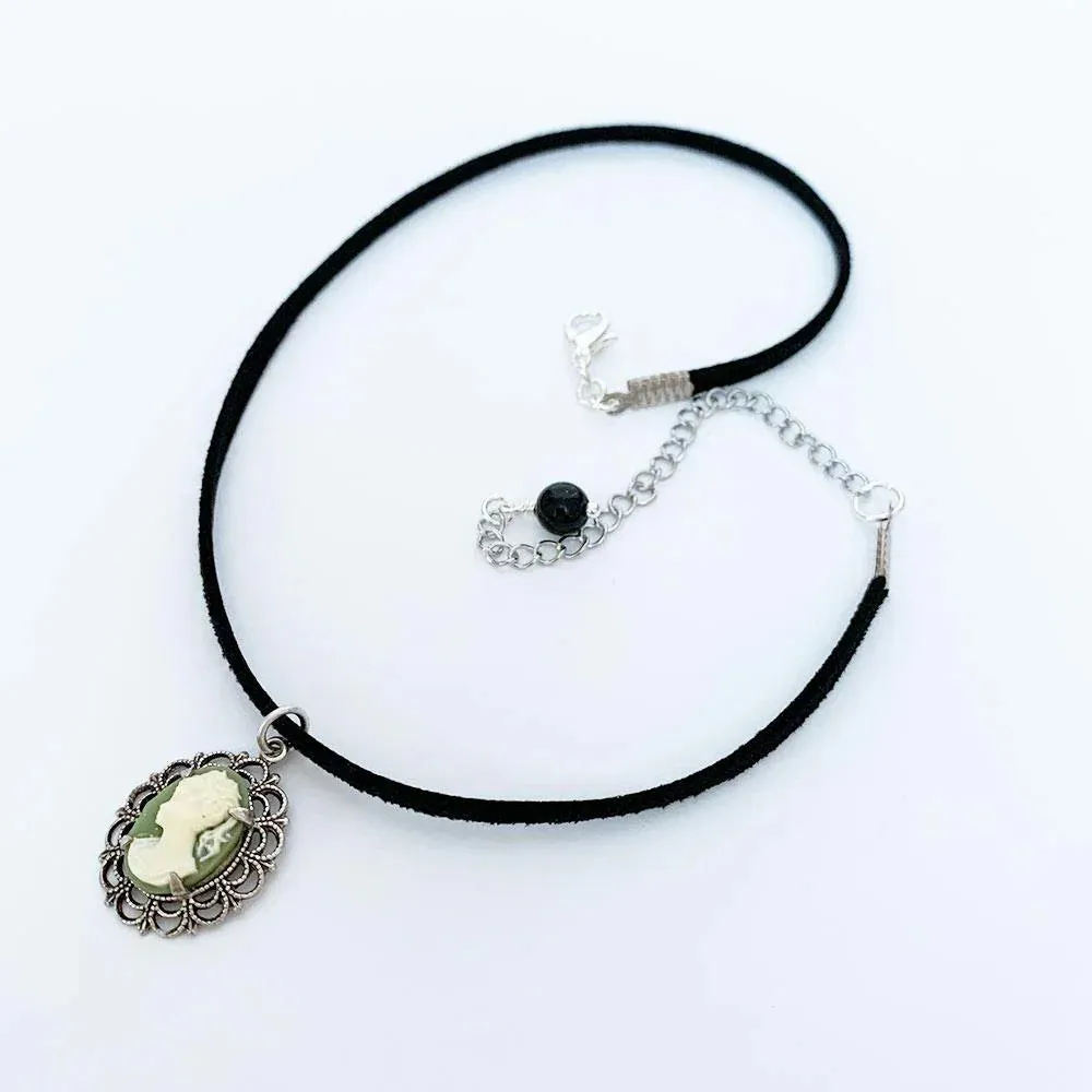 Dainty Victorian Green Cameo Choker Necklace