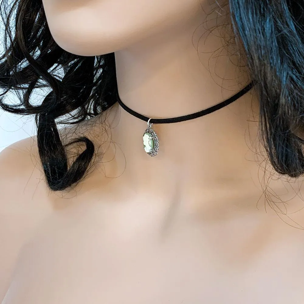Dainty Victorian Green Cameo Choker Necklace