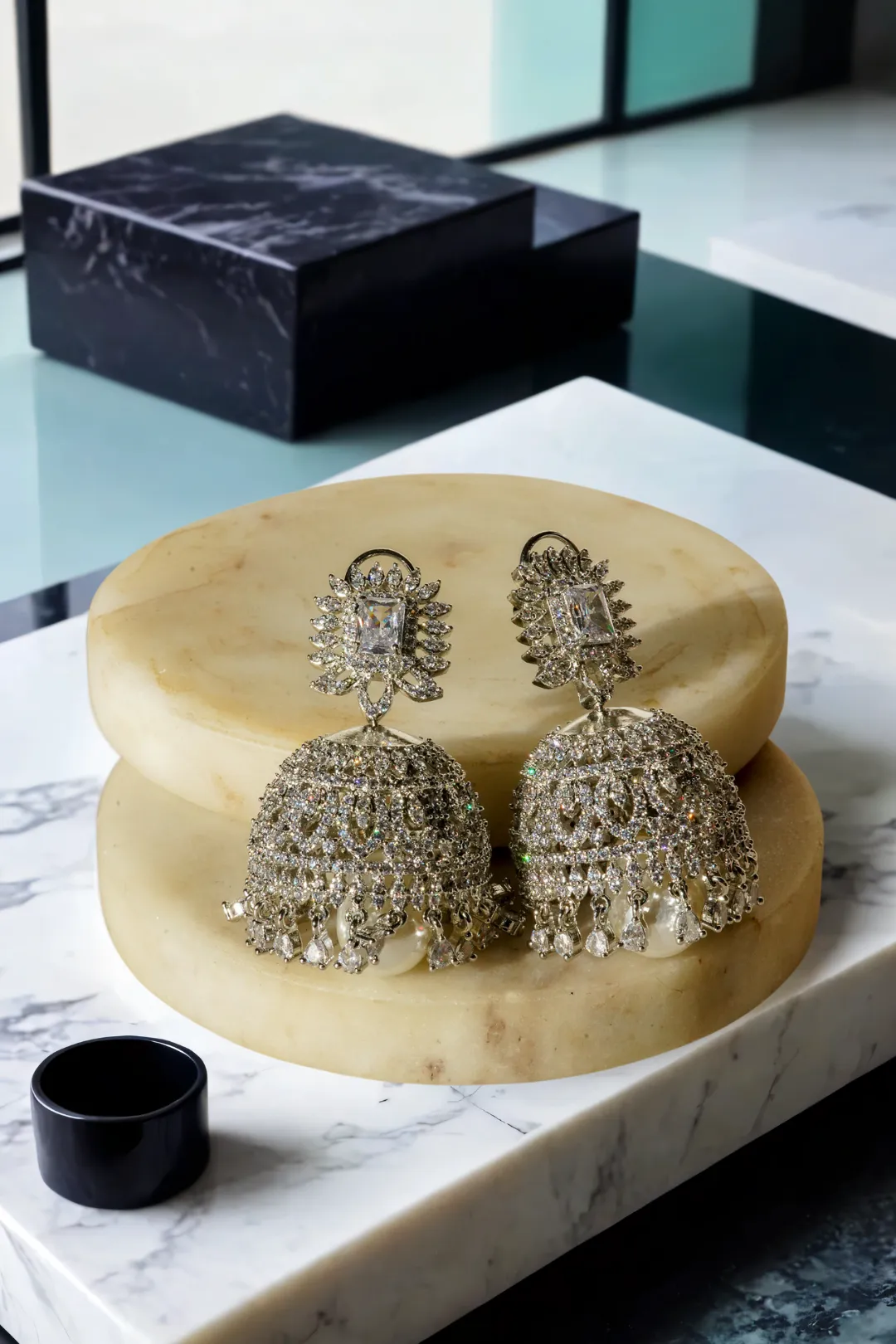 Erum - Rhodium-Plated Jhumka Earrings