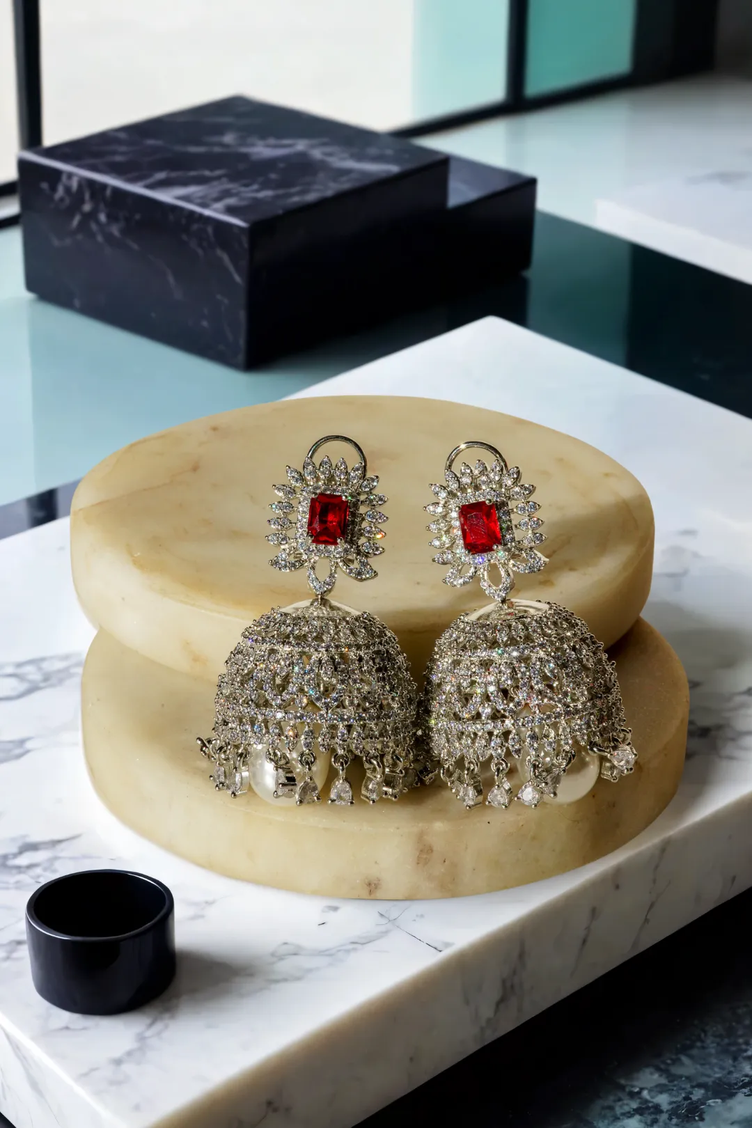 Erum - Rhodium-Plated Jhumka Earrings