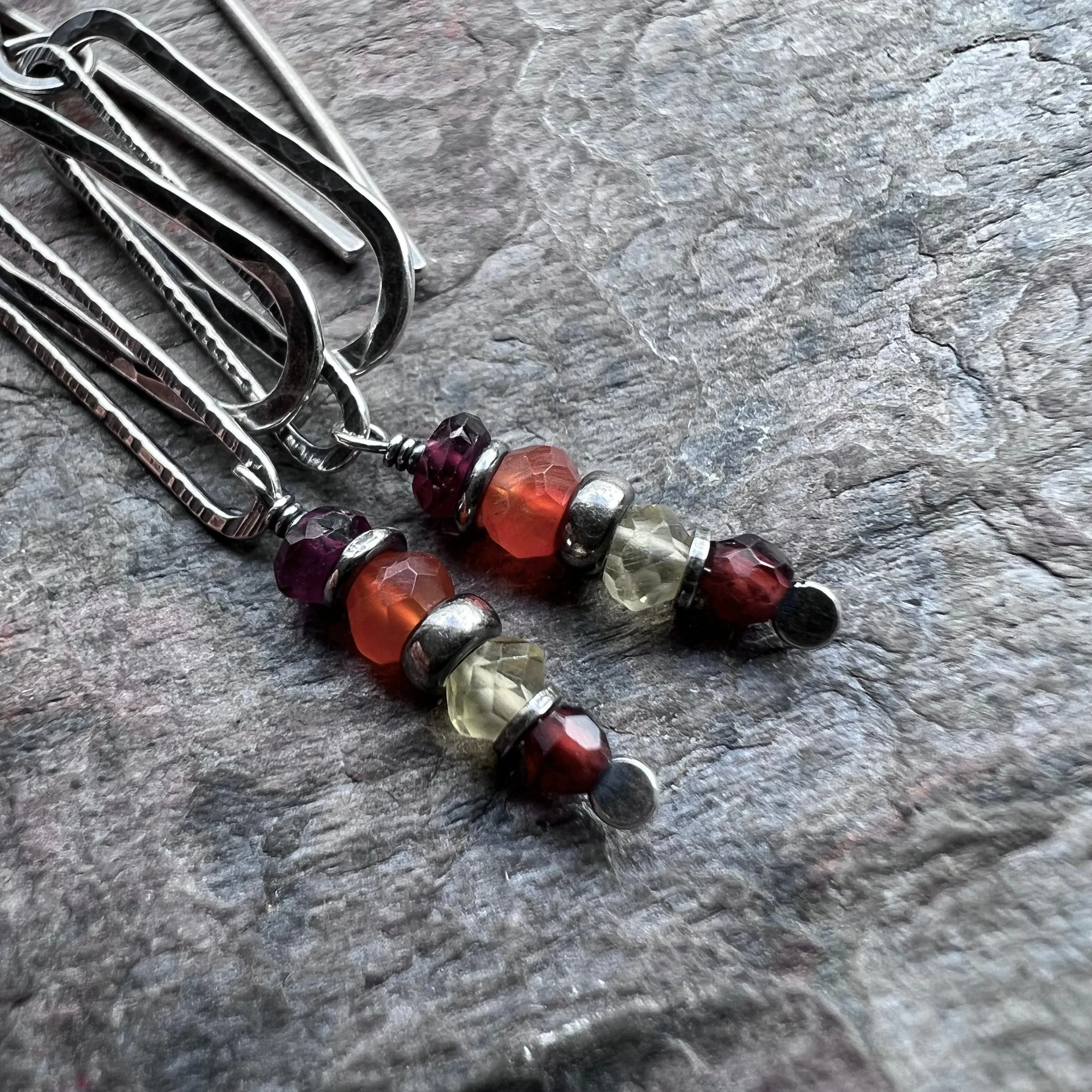 Garnet, Lemon Topaz, and Carnelian Sterling Silver Earrings