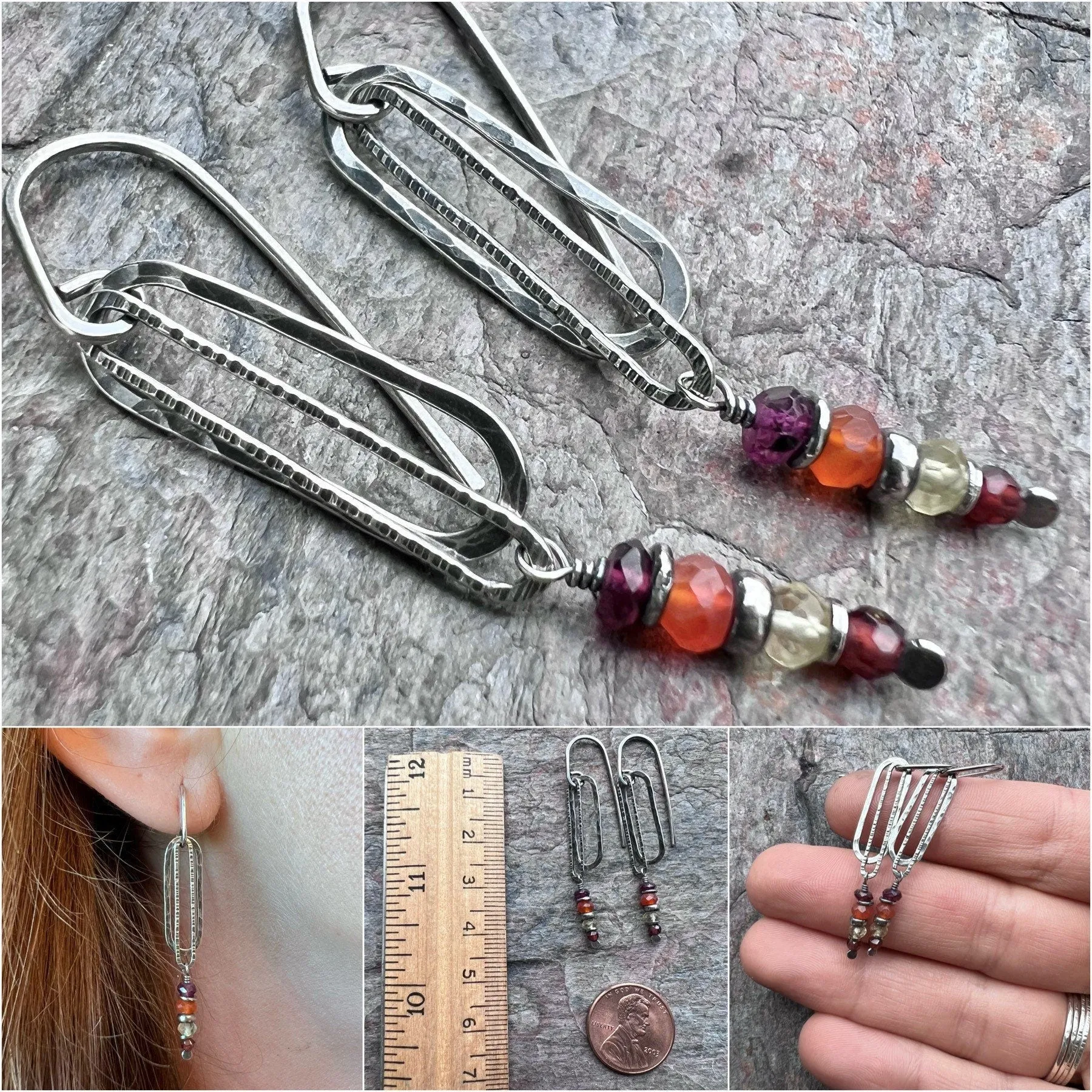 Garnet, Lemon Topaz, and Carnelian Sterling Silver Earrings