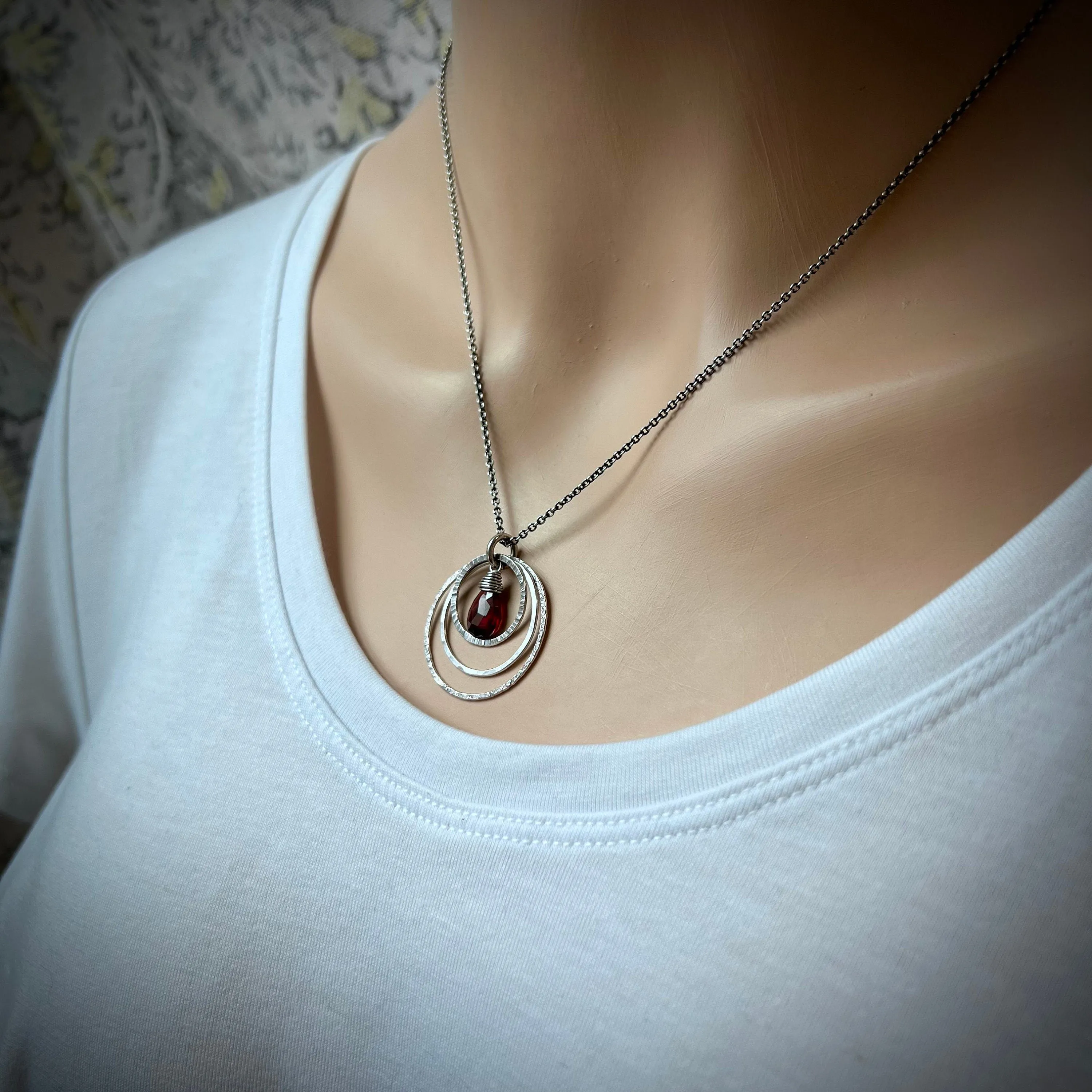 Garnet Sterling Silver Necklace - Genuine Garnet and Hammered Rings Pendant on Sterling Silver Chain
