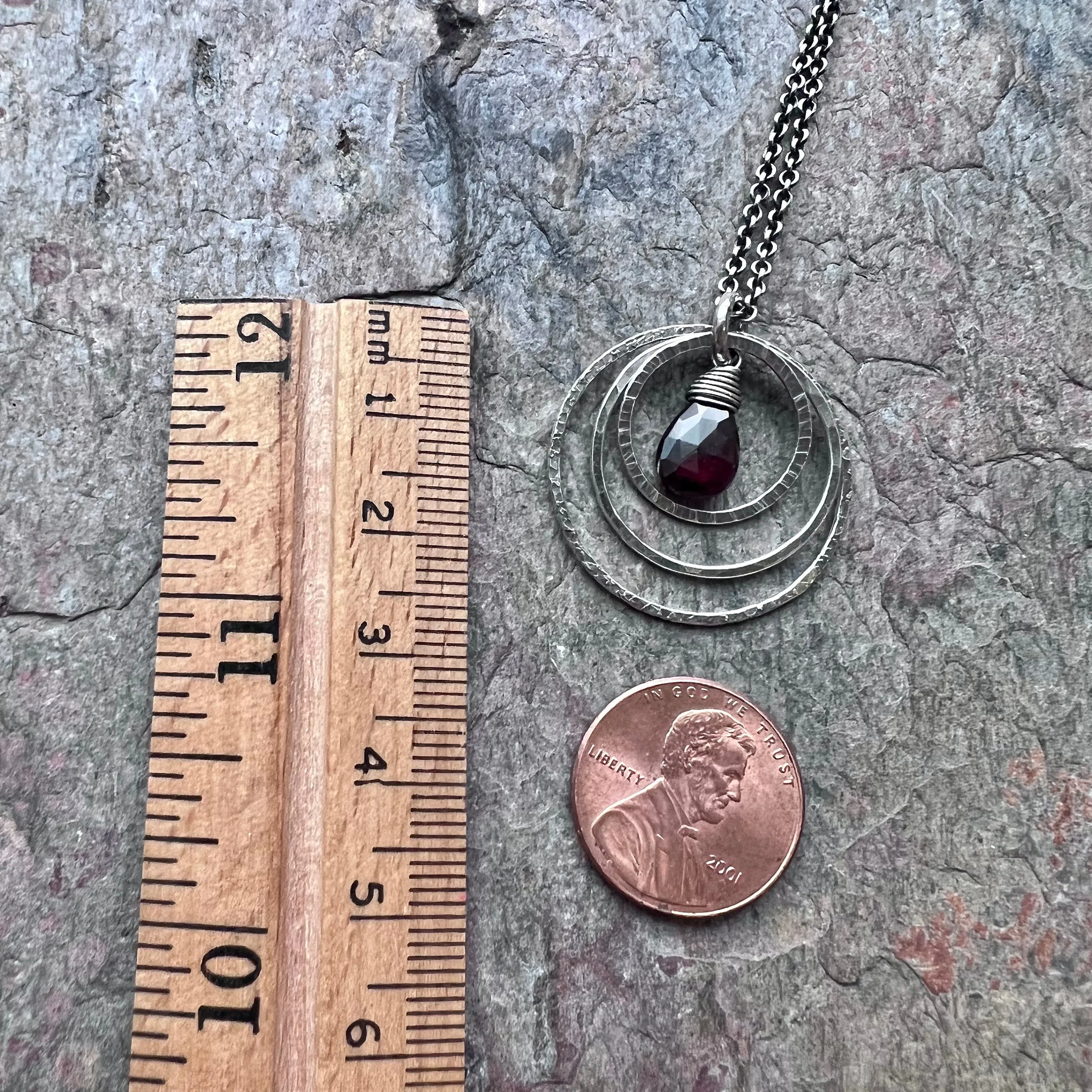 Garnet Sterling Silver Necklace - Genuine Garnet and Hammered Rings Pendant on Sterling Silver Chain