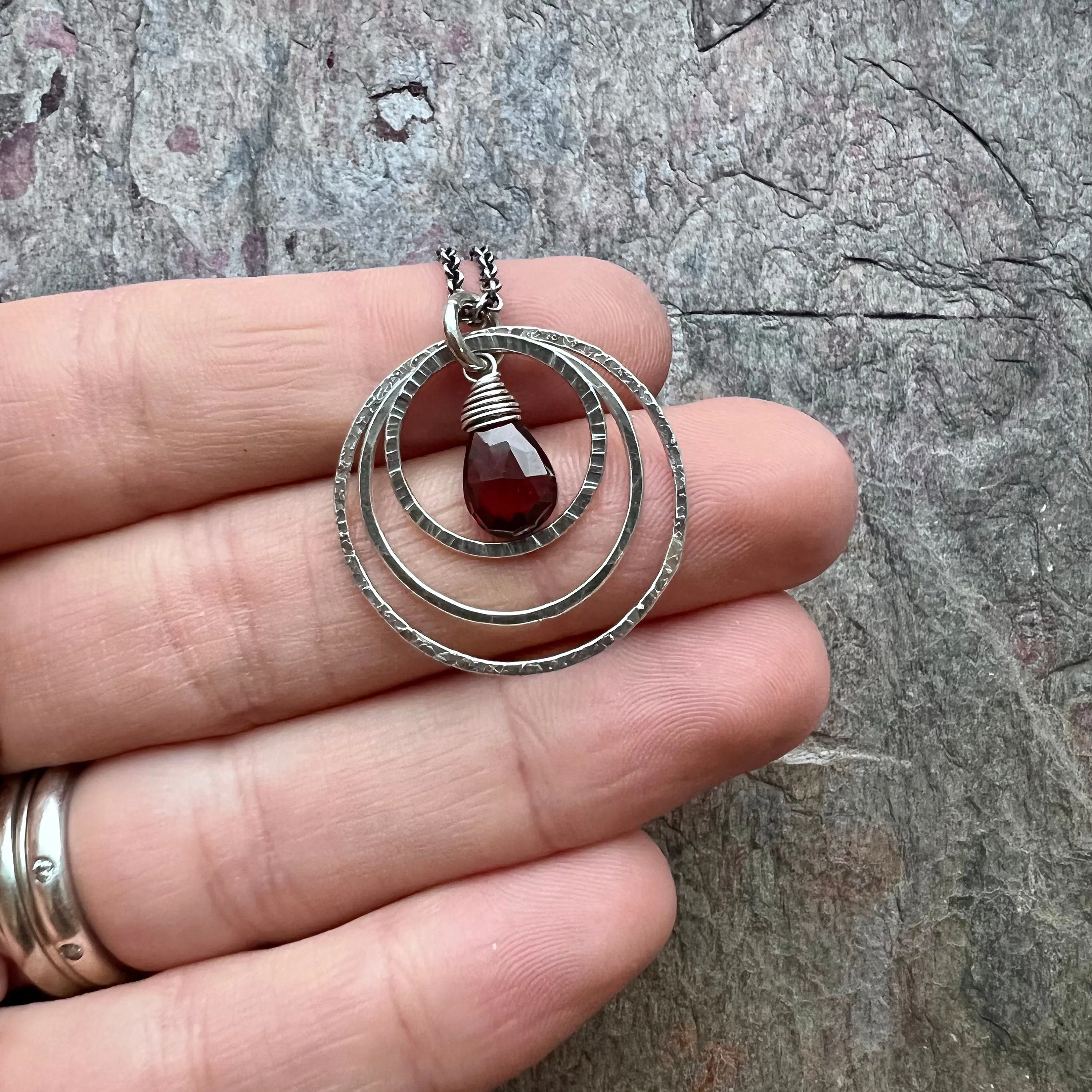 Garnet Sterling Silver Necklace - Genuine Garnet and Hammered Rings Pendant on Sterling Silver Chain