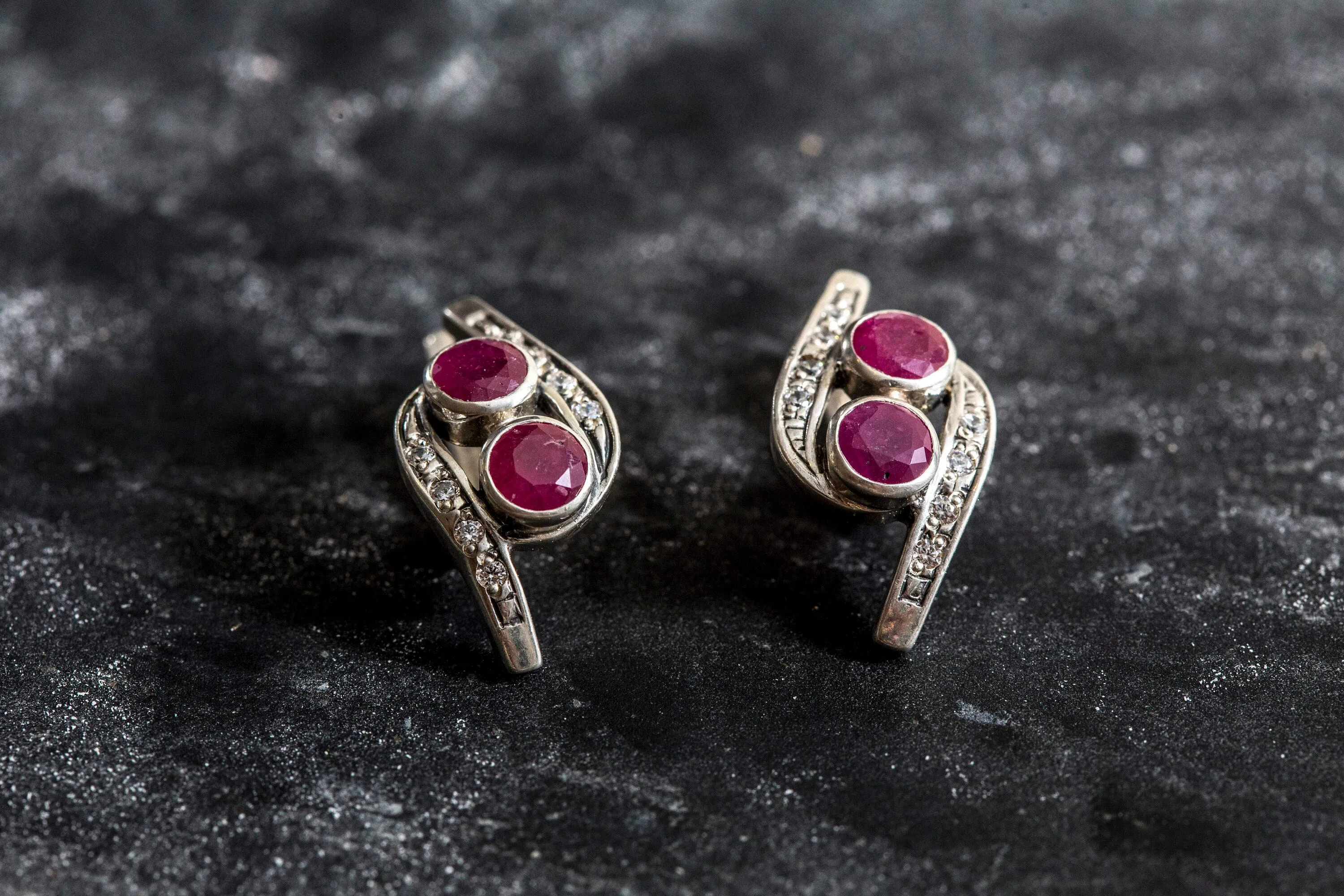 Genuine Ruby Earrings - Two Stone Vintage Earrings - Red Drop Earrings