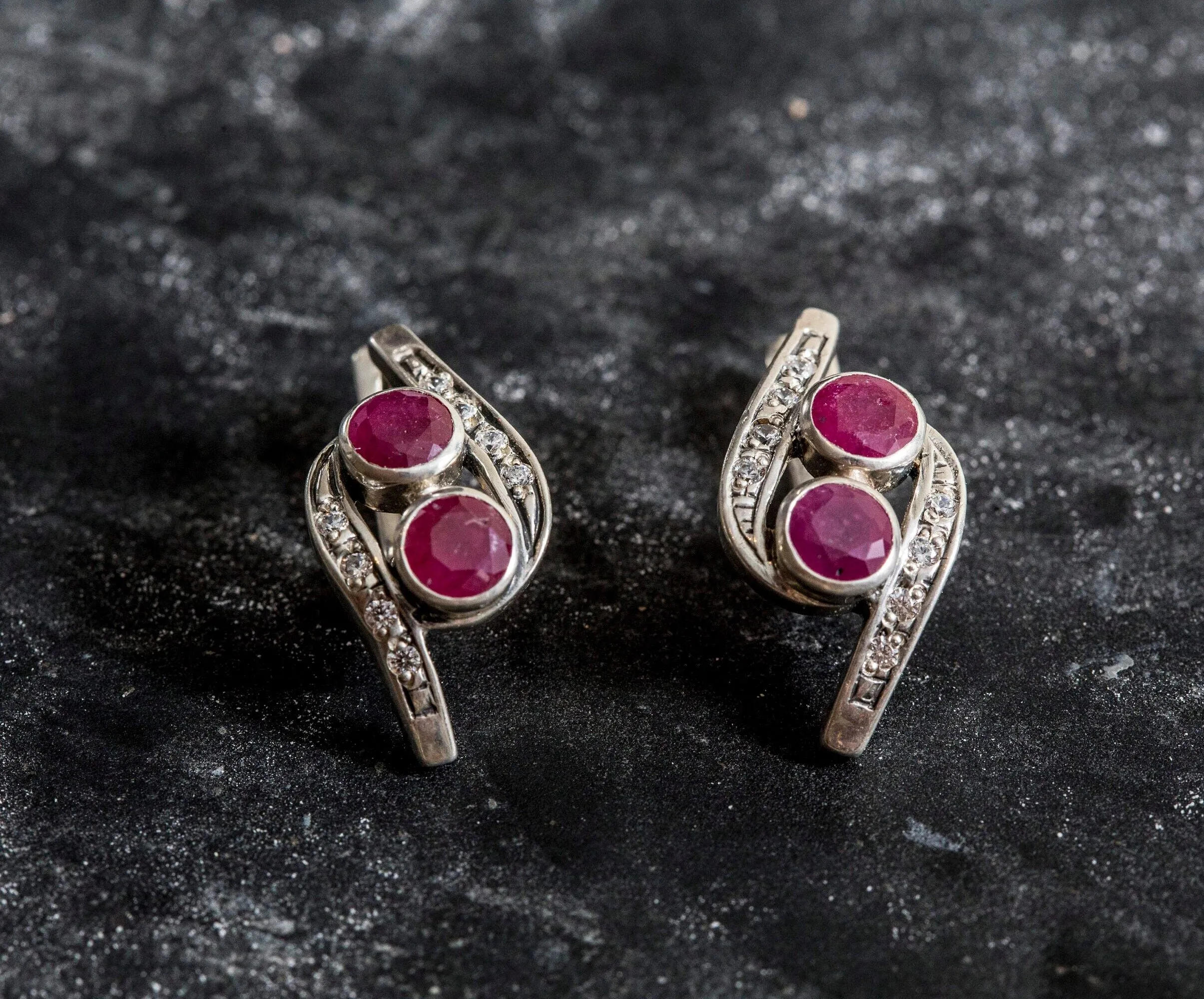 Genuine Ruby Earrings - Two Stone Vintage Earrings - Red Drop Earrings
