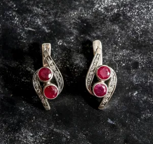 Genuine Ruby Earrings - Two Stone Vintage Earrings - Red Drop Earrings
