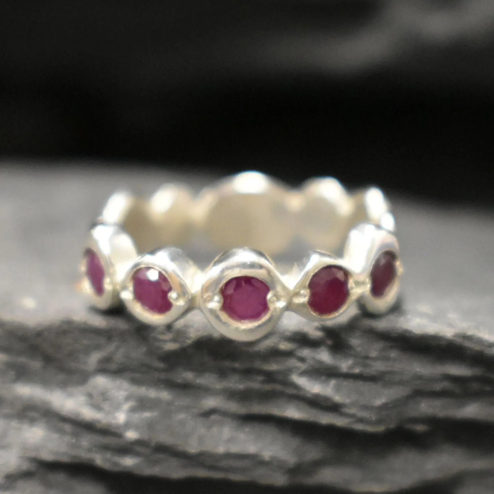 Genuine Ruby Ring - Red Half Eternity Band - July Birthstone Ring