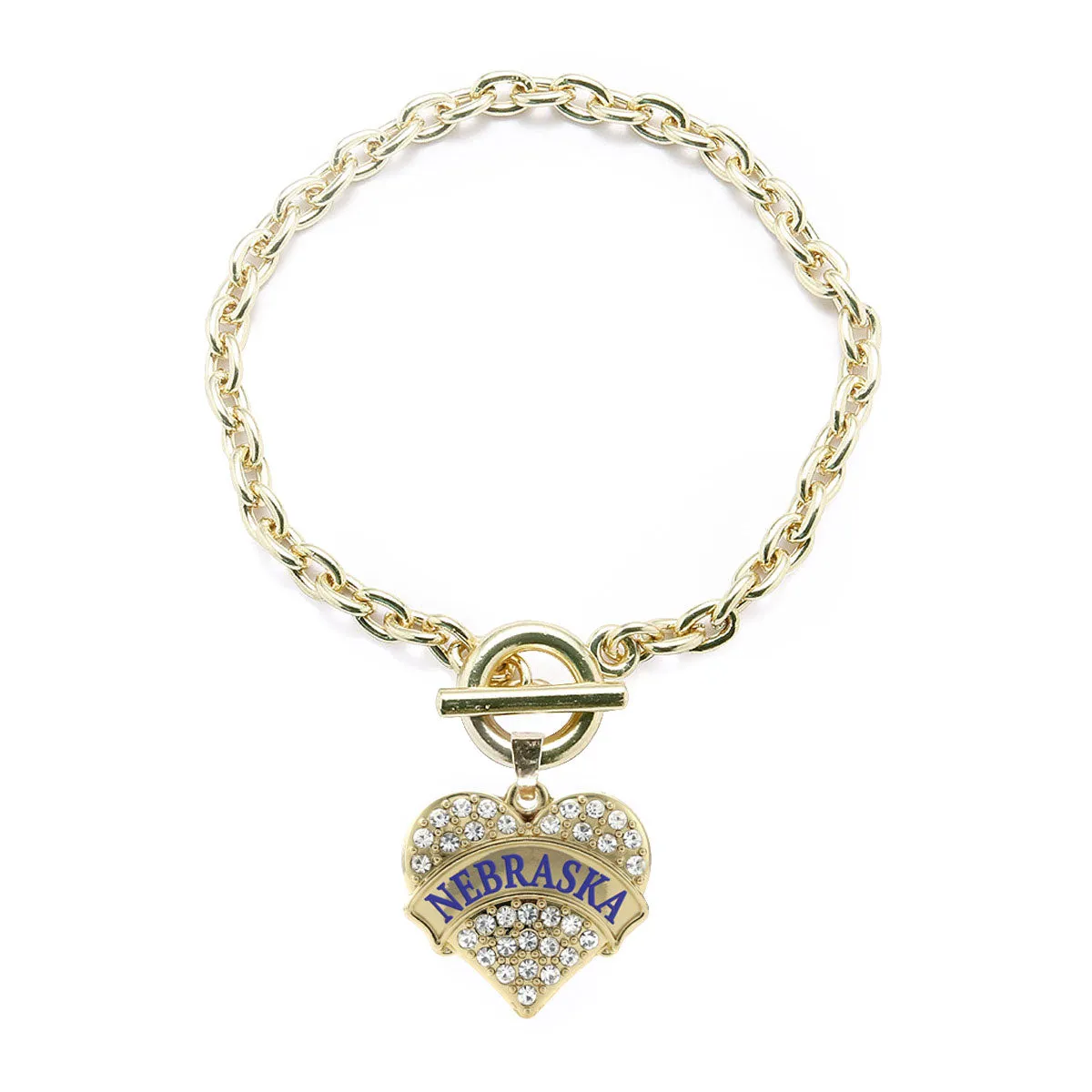 Gold Nebraska Pave Heart Charm Toggle Bracelet
