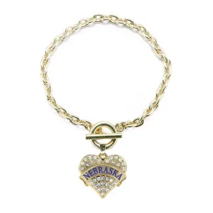 Gold Nebraska Pave Heart Charm Toggle Bracelet