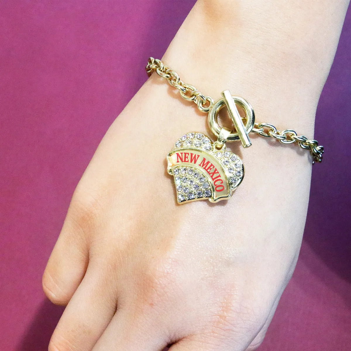 Gold New Mexico Pave Heart Charm Toggle Bracelet