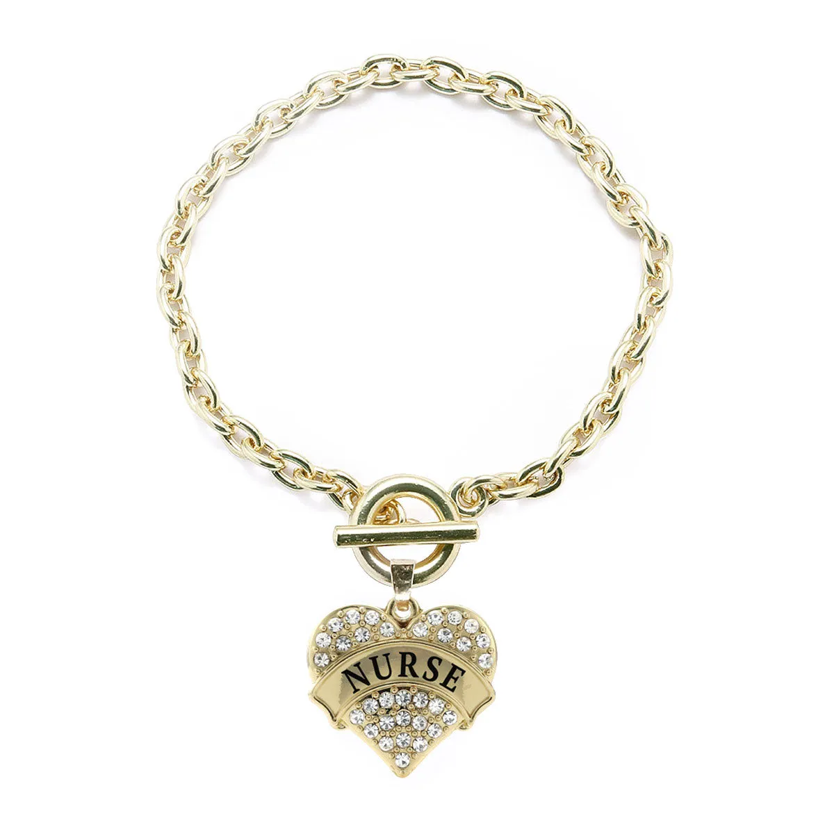 Gold Nurse Pave Heart Charm Toggle Bracelet