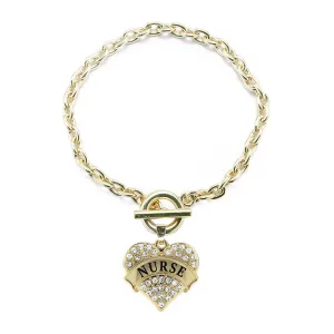 Gold Nurse Pave Heart Charm Toggle Bracelet