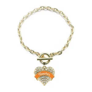Gold Orange Teacher Pave Heart Charm Toggle Bracelet
