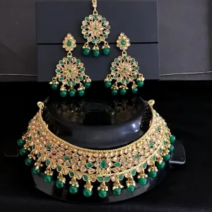 Polki Choker Set With Green Stones And Green Beads