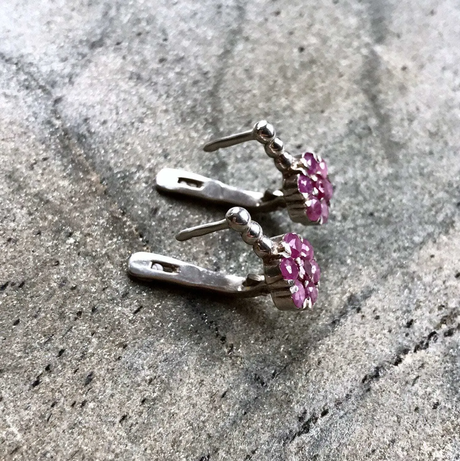 Red Flower Earrings - Ruby Drop Earrings - Silver Daisy Earrings