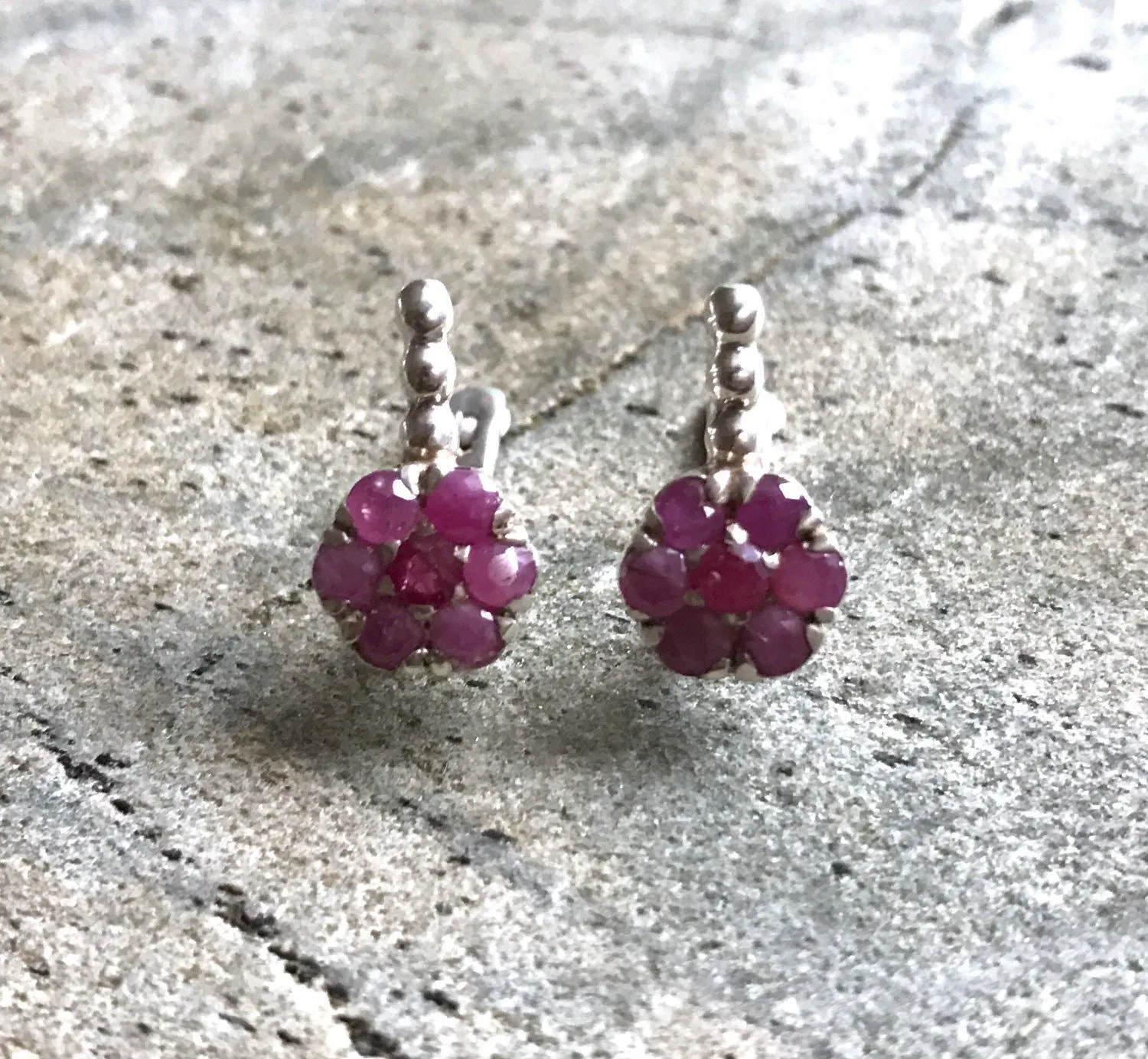 Red Flower Earrings - Ruby Drop Earrings - Silver Daisy Earrings