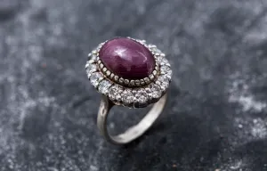 Ruby Statement Ring - Red Victorian Ring - Ruby Halo Ring