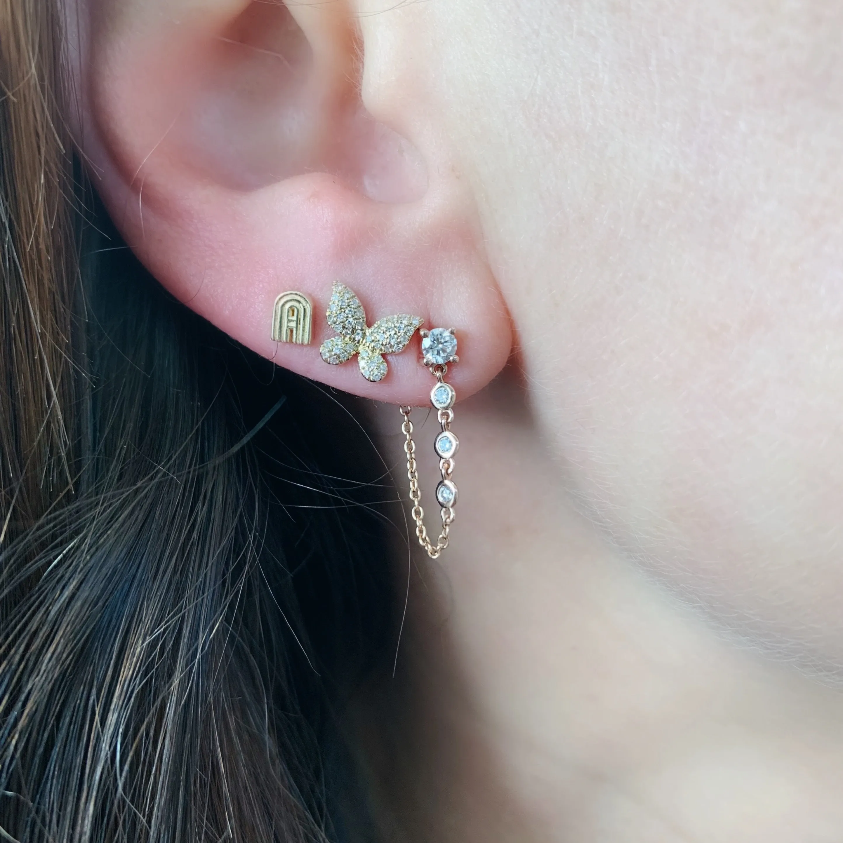 Single Diamond Stone Stud with Diamond Chain Wrap Earring