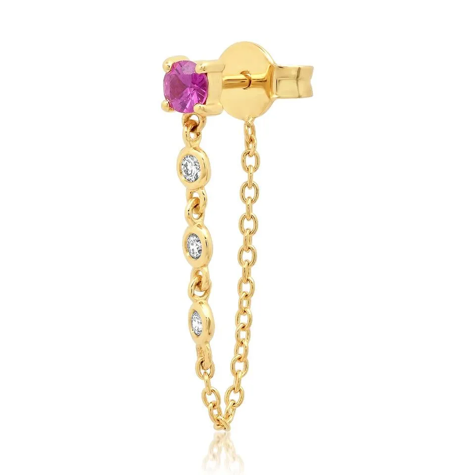 Single Semi-Precious Stone Stud with Diamond Chain Wrap Earrings