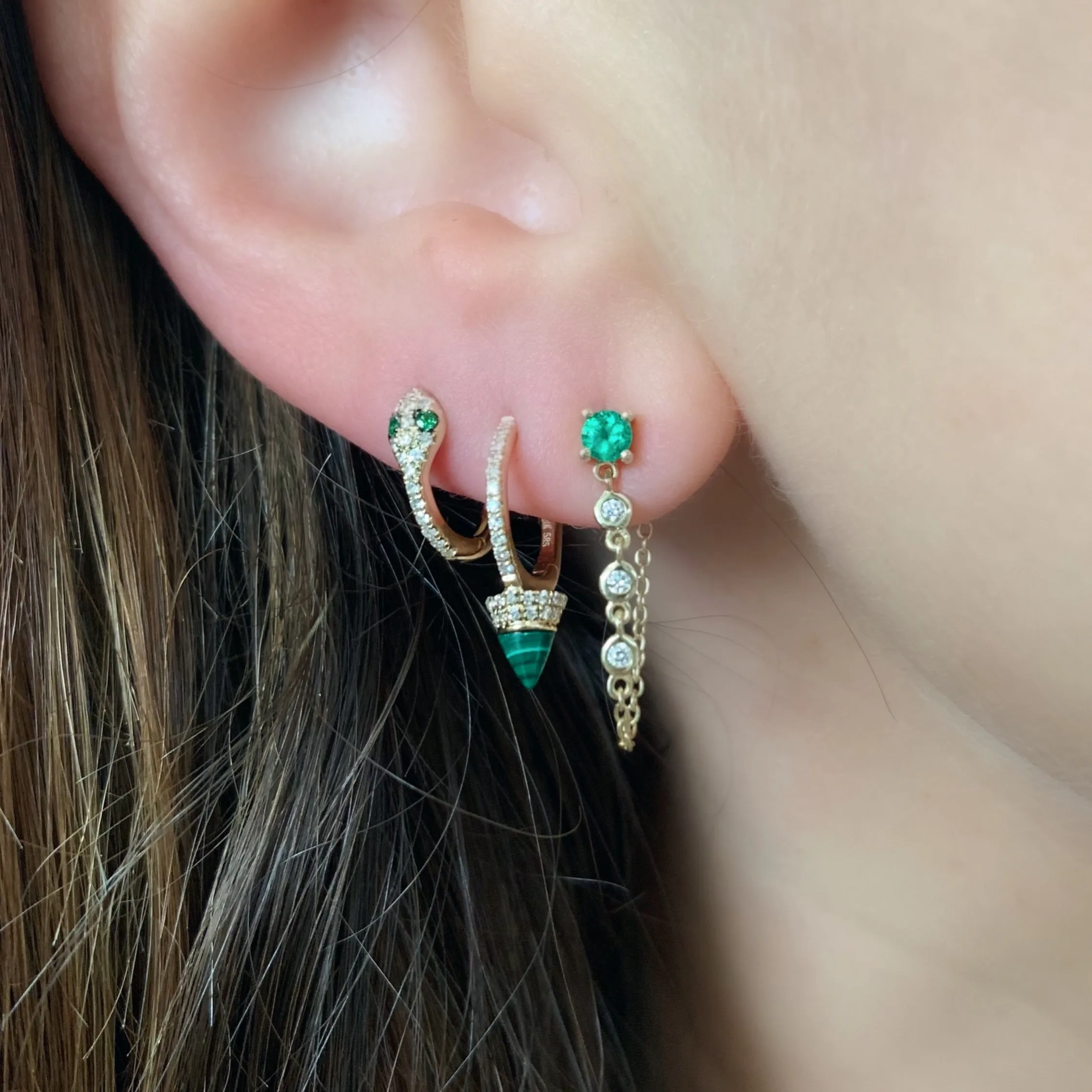 Single Semi-Precious Stone Stud with Diamond Chain Wrap Earrings