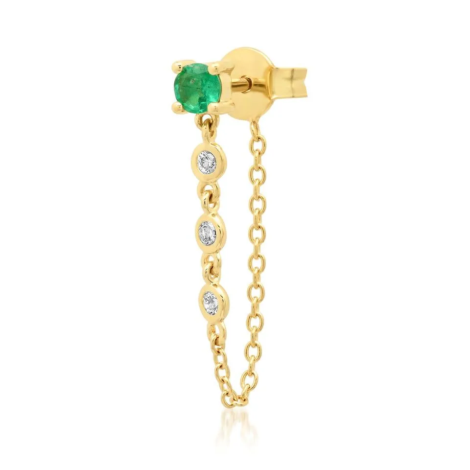 Single Semi-Precious Stone Stud with Diamond Chain Wrap Earrings